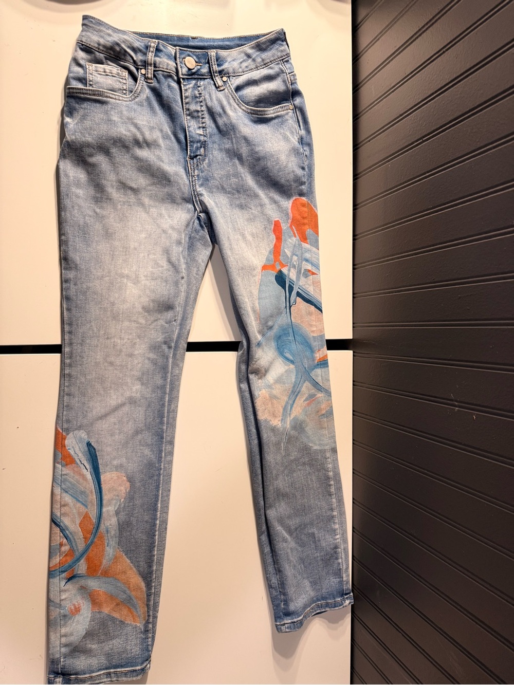 Light Wash Straight Leg Women’s Jeans with Blue & Orange Paint Detail
